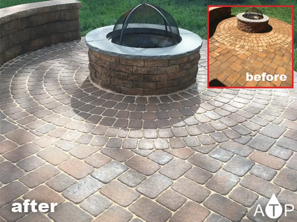 Circular paver firepit after cleaning with before inset