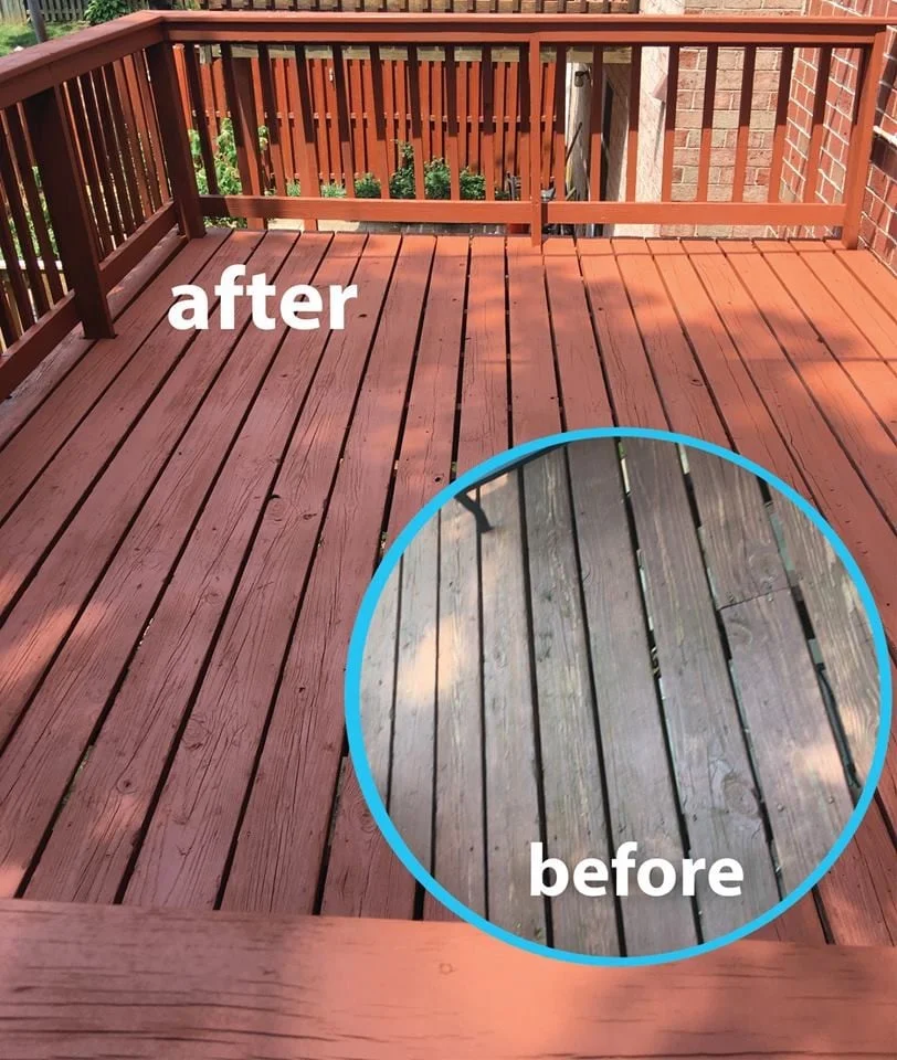 Red-stained deck after restoration with before inset